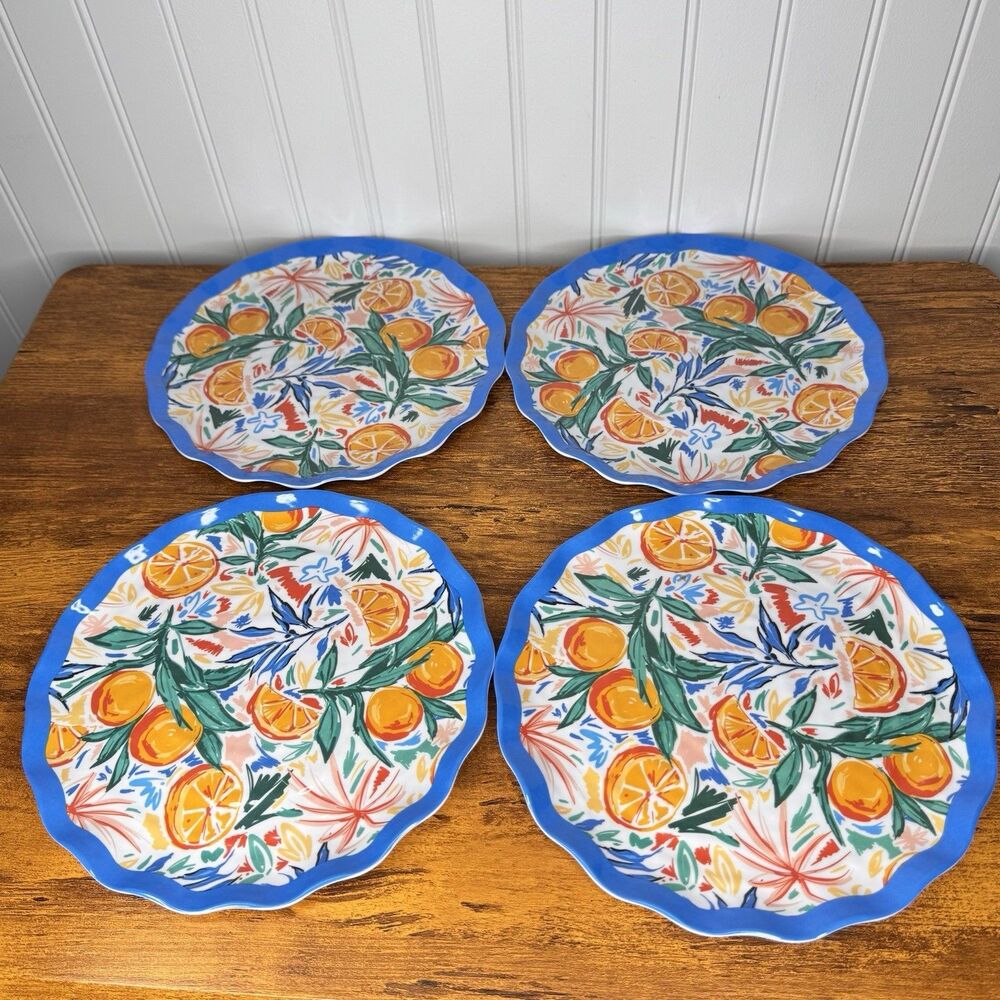 Samba Set of 4 Tropical Oranges Floral Melamine Plates Blue Scalloped Edge 9”